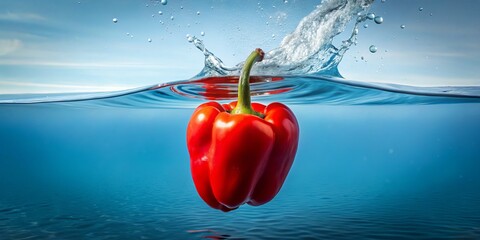 A photo image of a bright red bell pepper suspended in mid-air just above the surface of calm clear water.