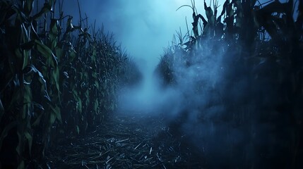 A haunted corn maze with eerie lights and fog