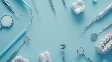 Dental tools and models, light blue background, pristine white teeth models, stainless steel dental instruments, dental mirror, explorer tool, toothbrush, flat lay composition, medical equipment