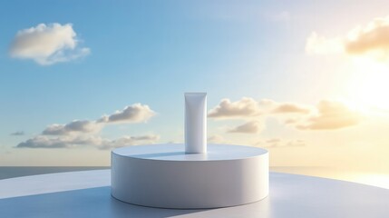 Round podium displaying a white tube of sunscreen, symbolizing UV protection. Emphasizes the sun's harmful effects on the skin.