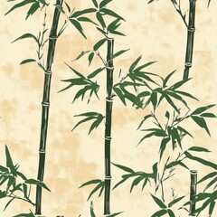 Obraz premium Vintage retro style bamboo pattern on vintage beige fabric background, seamless repeating pattern, textile print style, minimal, retro plant design, seamless bamboo pattern, textiles, home decor