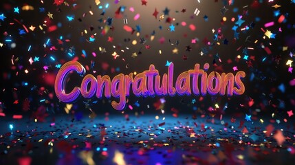 Vibrant 3D "Congratulations" text surrounded by digital confetti and stars, with a futuristic, glowing background.