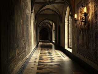 Fototapeta premium Gothic Medieval Hallway with Arched Ceilings and Tapestries Illuminated by Warm Candlelight