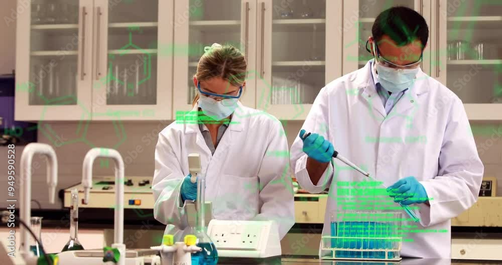 Poster scientists conducting experiments in lab with chemical formulas animation over them