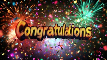 3D metallic "Congratulations" letters with a soft glow, set against a colorful backdrop of fireworks and confetti.