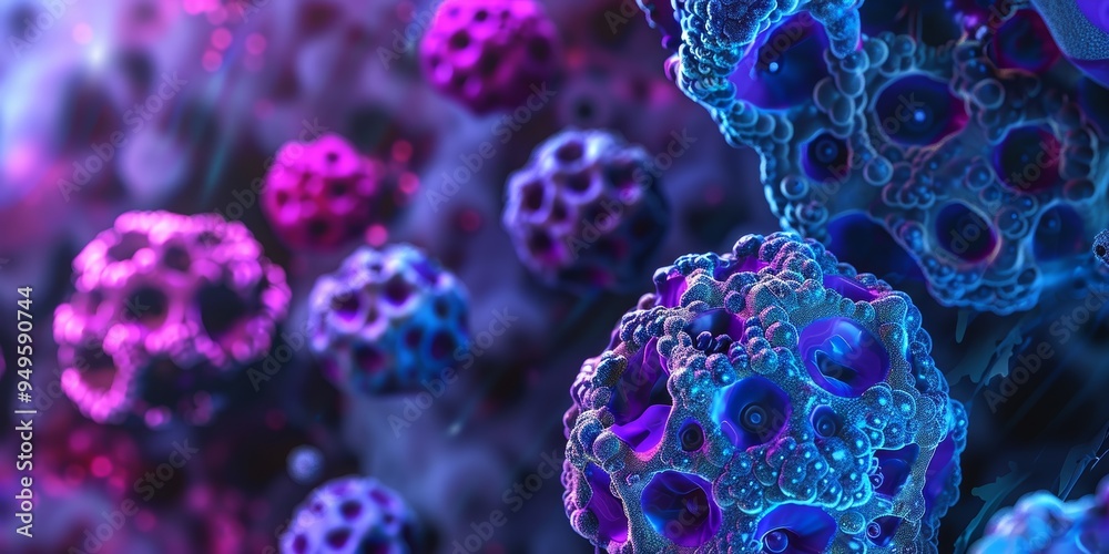 Poster abstract 3d rendering of glowing blue and pink spheres