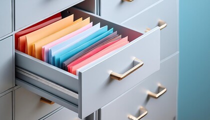 open storage cabinet drawer with multicolored folders of many paperwork documents