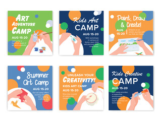 Banners inviting to classes at an art camp for children, including creative master classes in painting and drawing during the summer holidays.