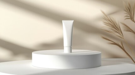Elegant round podium holding a white sunscreen tube, symbolizing protection from harmful UV rays and sun exposure.