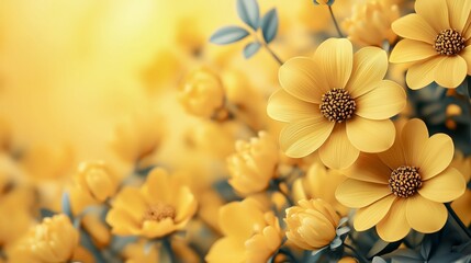 Fototapeta premium 3D yellow flower background featuring golden blooms with water droplets, floral photography, nature backgrounds