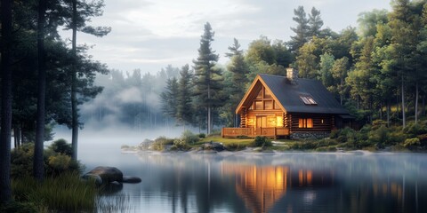 Obraz premium Beautiful mountain retreat with a log cabin by the water, surrounded by trees and bathed in soft morning light, wooden house nestled in a misty mountain landscape