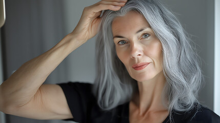 60-Year-Old Woman Applying Hair Mask and Caring for Her Gray Hair in the Bathroom