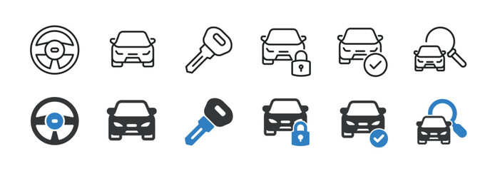 Car rent line and glyph solid icons collection. Minimal icon and symbol series vector illustration