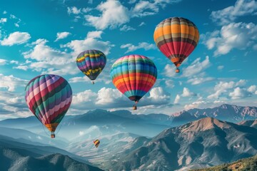 Fototapeta premium Colorful Hot Air Balloons Soaring Over Mountainous Landscape