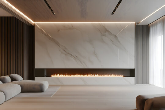 45-Degree Diagonal View of Marble Wall Fireplace in Poliform Style Living Room

