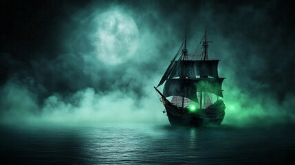 Fototapeta premium A ghostly pirate ship sailing through misty moonlit sea creates an eerie atmosphere.