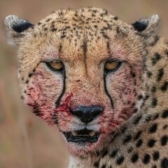 A close-up of a cheetah with blood on its face, showcasing its fierce predatory nature