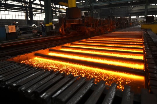 Hot Steel Rods Moving Through Industrial Machinery