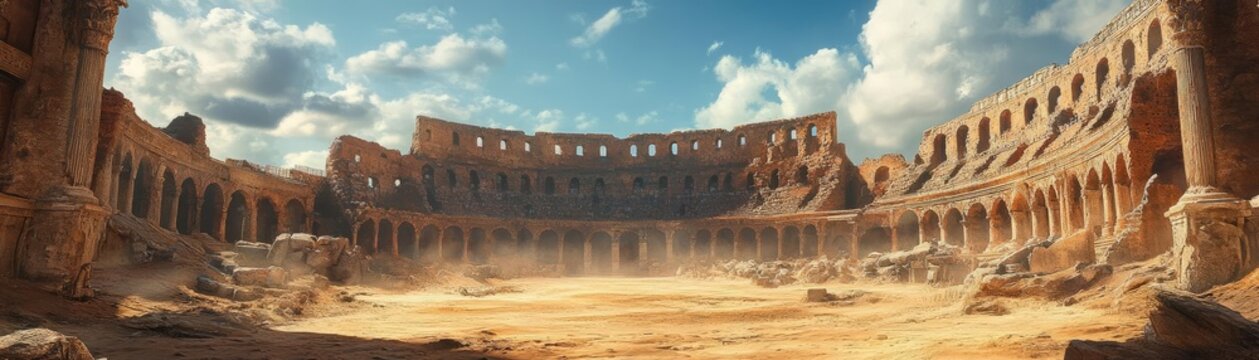 Ancient Roman coliseum, crumbling stone, sandy arena, and audience stands, 3D game design