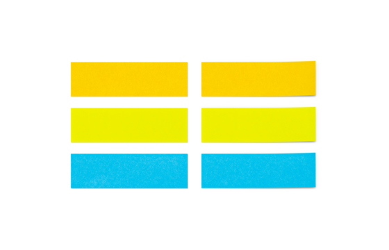 A set of small rectangular sticky notes with shadows. orange color, fluorescent yellow, blue
