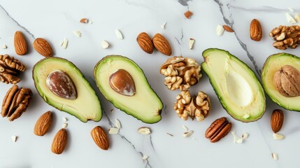 Healthy fats composition on white marble background, sliced avocado, assorted nuts, walnuts, almonds, pecans, food photography, nutritious ingredients, keto diet, vegan protein sources