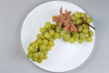 White sultana grape cluster on the dish, top view