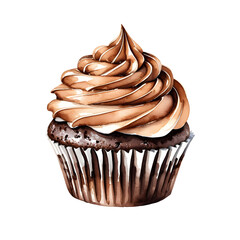 A delicate watercolor illustration of a rich chocolate cupcake, perfectly isolated on a transparent or white background.