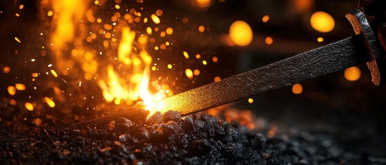 Blacksmith Forging a Sword in a Traditional Workshop with Glowing Hot Metal and Sparks Flying