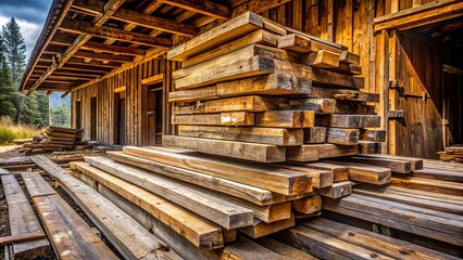 Obraz premium A photo image of worn wooden construction timber beams stacked on top of each other in a rustic, weathered building