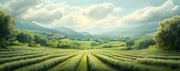 Organic rural farm with traditional farming practices and verdant fields shown in a detailed digital illustration