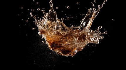 Golden Liquid Splash with Water Droplets on Black Background