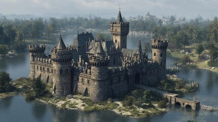Naklejka premium Classic European castle with battlements, towers, and a moat, 3D model