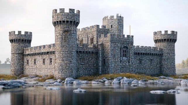 Classic European castle with battlements, towers, and a moat, 3D model