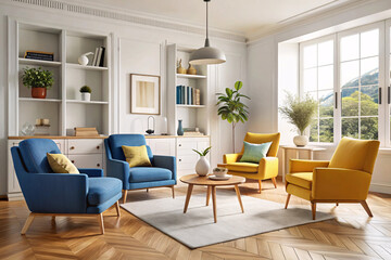 Fototapeta premium A modern living room featuring a yellow sofa and chair, white accents, and light wood furniture, with ample natural light creating a warm and inviting atmosphere