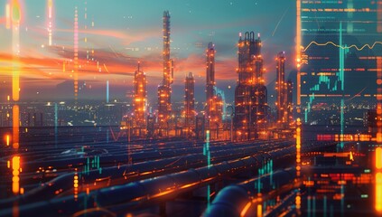 Industrial Cityscape at Sunset with Data Overlay