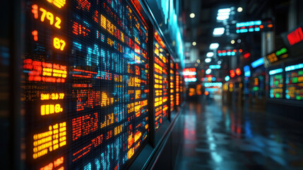 Fototapeta premium A busy trading floor with digital stock tickers displaying market data, capturing the fast-paced nature of Wall Street.