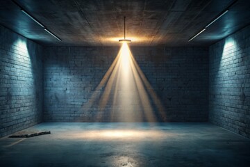 a photo image of a dimly lit room with a single beam of light shining down from above, highlighting a level horizon line on the wall