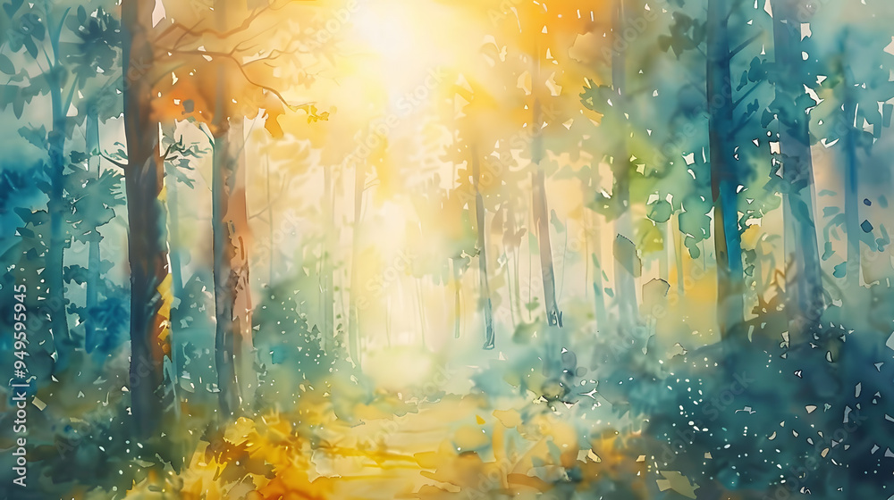 Poster sunlit forest watercolor background watercolor