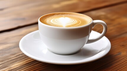Close-up of a Cappuccino with Latte Art on a Wooden Table