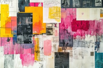 Fototapeta premium A visually striking collage featuring a combination of vibrant colors and overlapping geometric shapes with notes and scribbles.