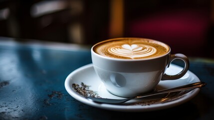 Close-up of a perfectly crafted latte art in a white cup