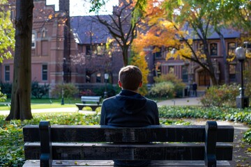 Fototapeta premium A man sitting alone on a bench in a park, surrounded by trees and greenery, Student sitting alone on campus bench