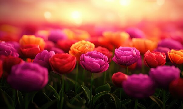 Vibrant tulip garden in full bloom, showcasing a stunning blend of colors under a warm sunset light.