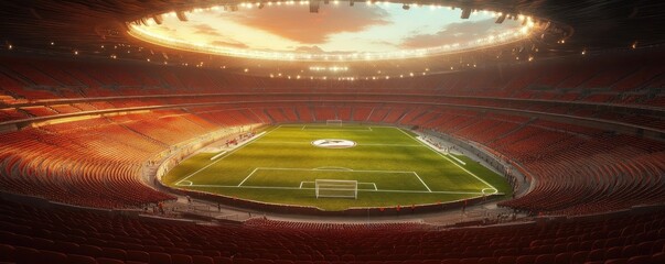 Detailed sports stadium, realistic seating, field, and lighting, 3D model