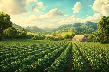 Naklejka premium Organic farm landscape with rich green crops and picturesque scenery in a dynamic digital illustration