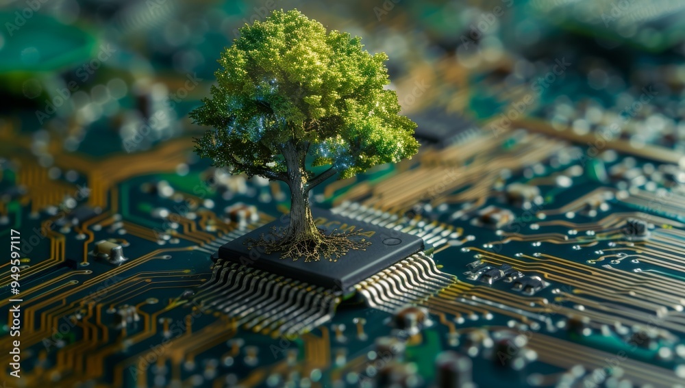 Poster Green Tree Growing from a Microchip on a Circuit Board