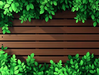 A tranquil wooden background adorned with vibrant green leaves, perfect for nature-themed designs and creative projects.