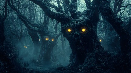 A dark, eerie forest with twisted trees and glowing eyes