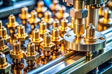 Photo image of high-precision Swiss screw machines manufacturing tiny parts on a production line with shiny metal details and soft focus background.