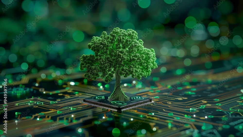 Poster Green Tree Growing From a Computer Chip